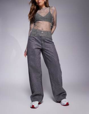 studded panel wide leg jean in washed gray