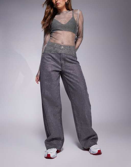 Liquor N Poker studded panel wide leg jean in washed gray