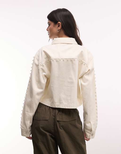 Liquor N Poker studded pearl embellished denim jacket in ecru, 3 of 4