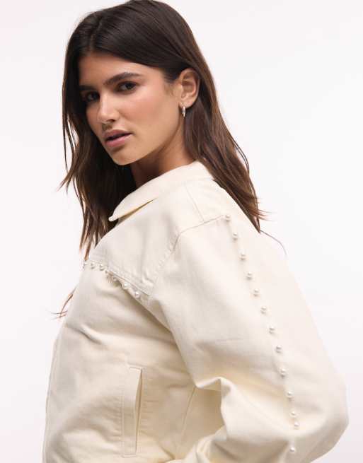 Liquor N Poker studded pearl embellished denim jacket in ecru, 4 of 4