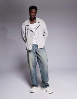 Liquor N Poker Suede Biker Jacket In Neutral