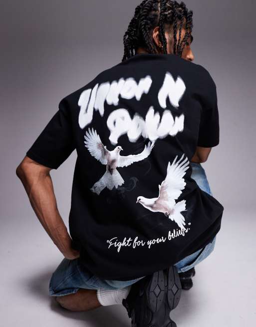 Liquor N Poker – Svart t-shirt i oversize med fågeltryck baktill