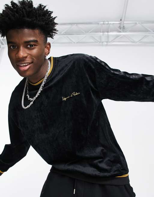 Liquor N Poker - Sweatshirt van velour in zwart met gouden bies