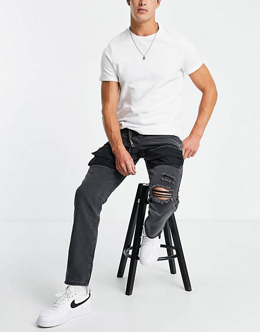 Liquor N Poker – Szare jeansy w stylu lat 90. z prostymi nogawkami w stylu utility