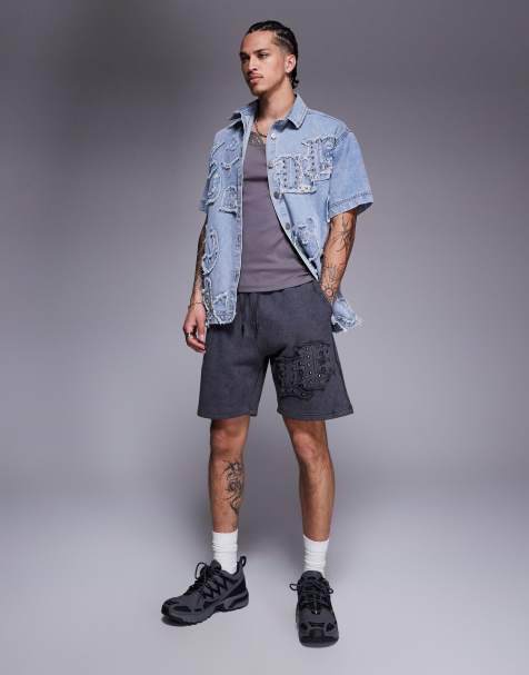 Liquor N Poker applique patch and stud logo jersey shorts in grey