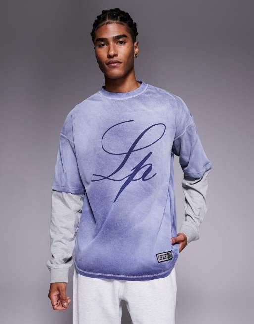 Liquor N Poker - T-shirt en tissu 270 g/m² à manches longues et logo déformé - Bleu marine chiné