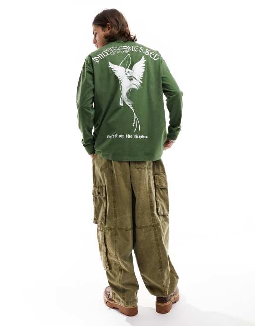 Liquor N Poker - T-shirt met lange mouwen en grafische print op de achterkant in kaki