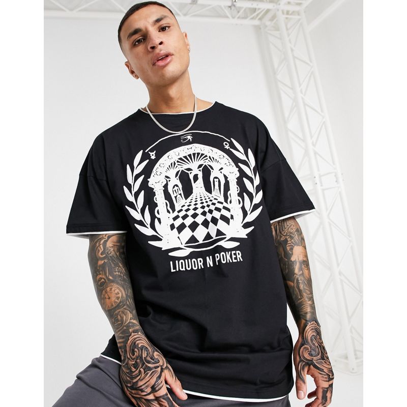 Liquor N Poker - T-shirt oversize a doppio strato con grafica greca, colore nero