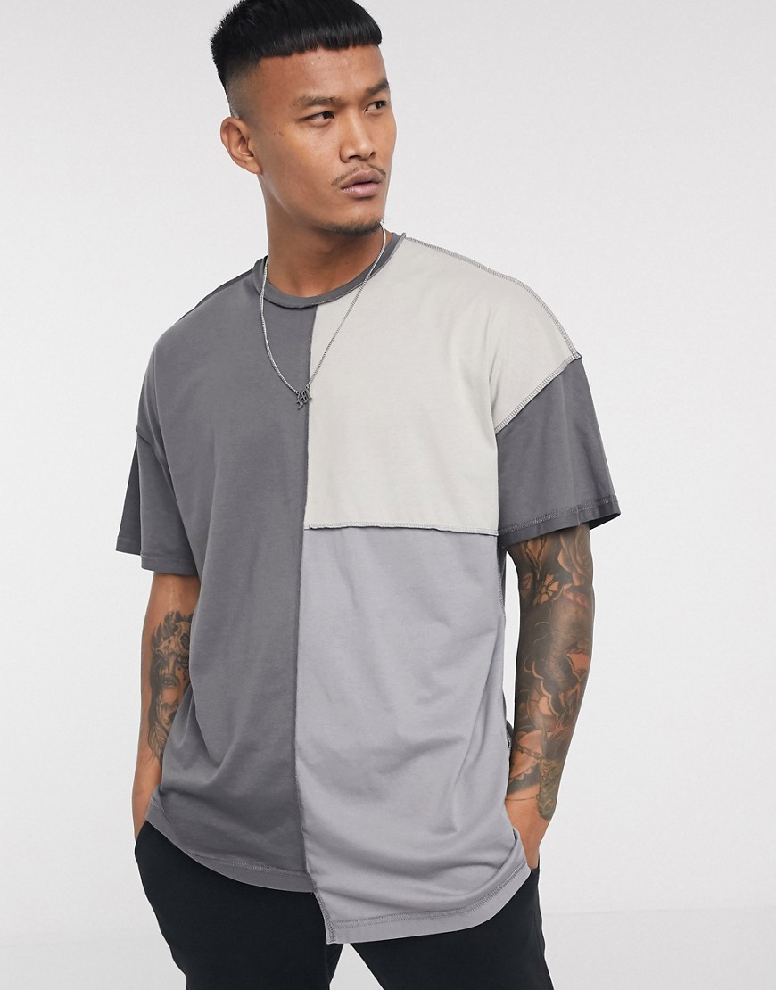 Liquor N Poker - T-shirt stile patchwork grigio pietra ed écru