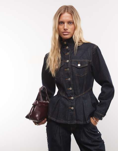 Liquor N Poker tailored peplum hem denim jacket with oversized studs co-ord in indigo - view 1