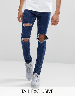 Liquor N Poker TALL Stentvättade skinny jeans med öppna, slitna knän-Blå