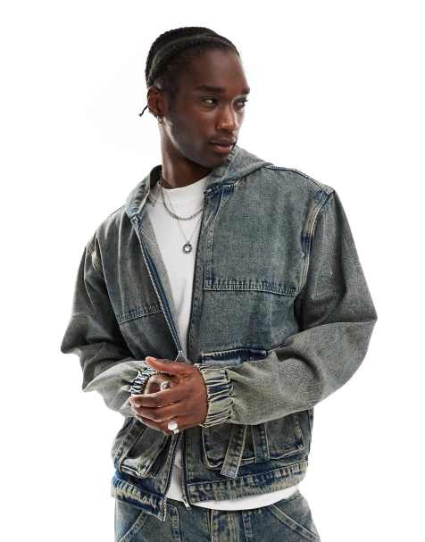 Liquor N Poker textured denim jacket co-ord in stone wash - view 1
