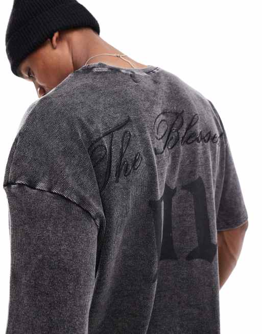 Liquor N Poker textured rib varsity t shirt in black, 4 of 4