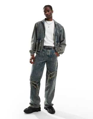 Liquor N Poker textured stacked jean co-ord in stone wash - view 1