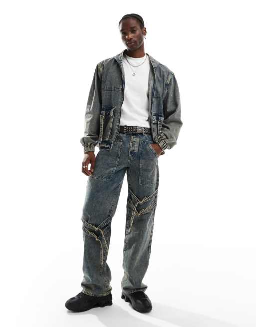 Liquor N Poker textured stacked jeans in stone wash - part of a set