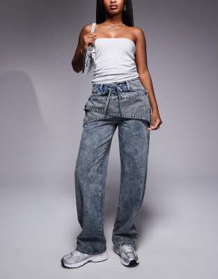 Liquor N Poker Liquor N Poker tie front wrap waist detail baggy jeans in stone wash-Neutral