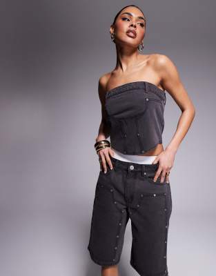 Liquor N Poker - Trägerloses Korsagen-Top aus Denim im Utility-Look, in schwarzer Dirty-Waschung