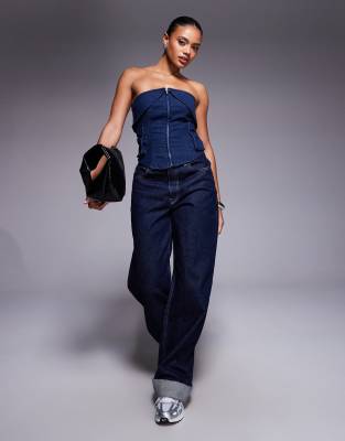 Liquor N Poker Utility Denim Bandeau Crop Top With Zip Up In Blue