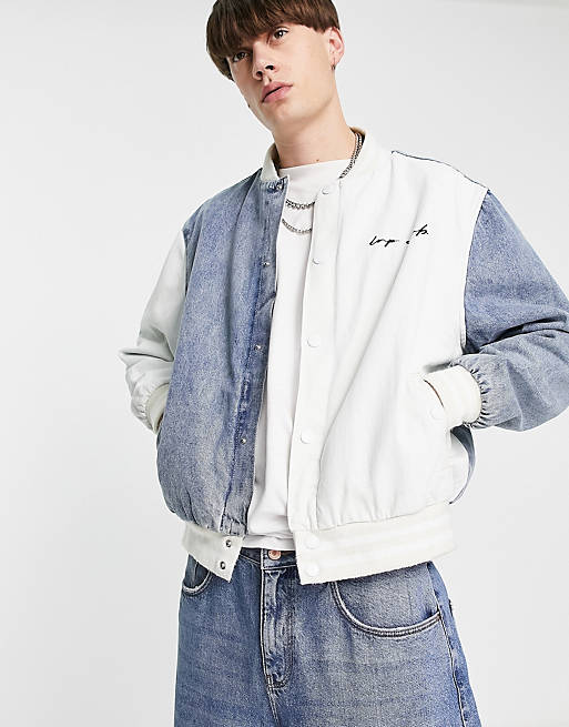 Jackets & Coats Liquor N Poker varsity bomber jacket in blue denim with white splicing and script embroidery 