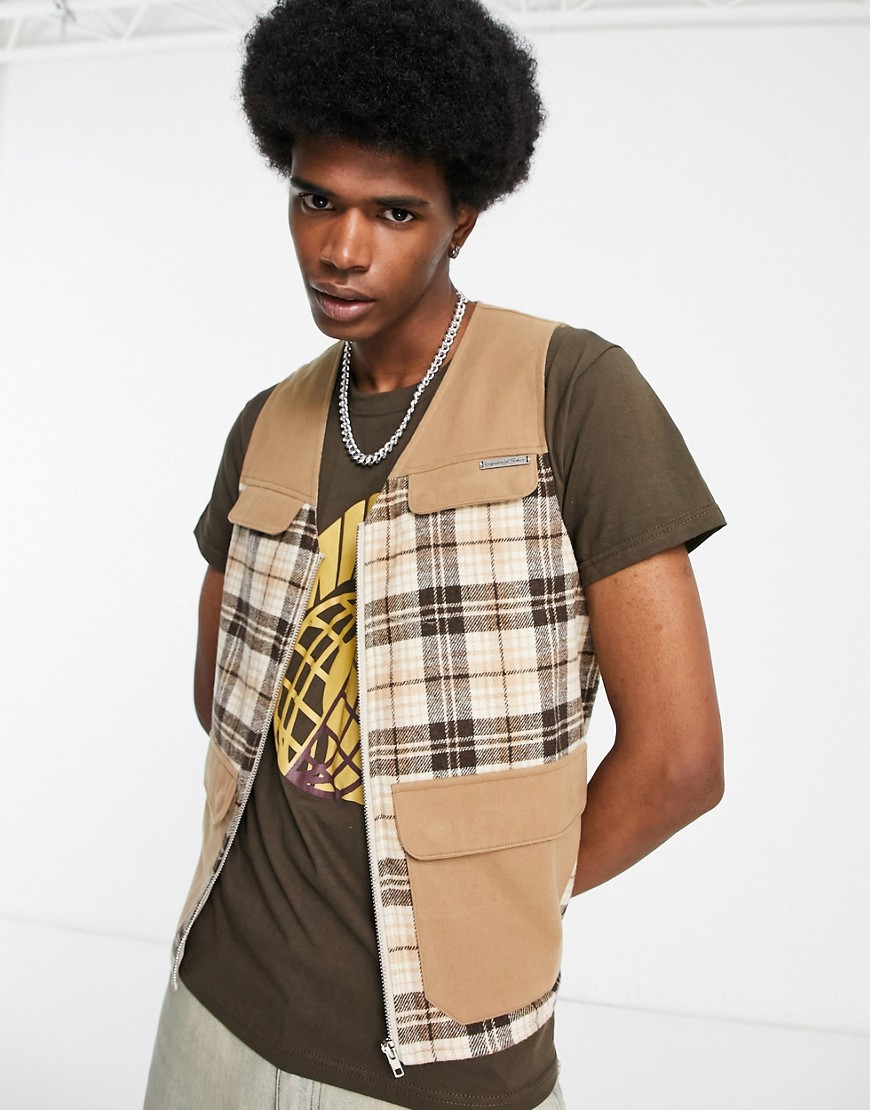 Liquor N Poker Vest In Brown Check And Utility Pockets - Part Of A Set