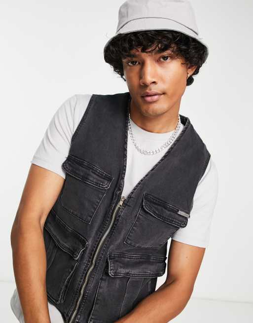 Liquor N Poker vest in washed black denim (part of a set)