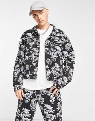 Liquor N Poker co-ord oversized denim trucker jacket in black with all over dragon print - ASOS Price Checker