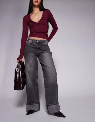 Liquor N Poker - Weite Denim-Jeans in dunkelgrauer Waschung mit Kontrastnaht, Umschlagsaum, mittelhohem Bund und Bundsch...