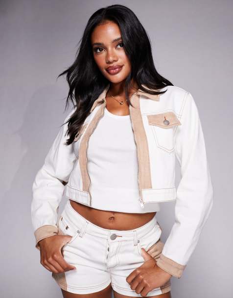 Liquor N Poker western style denim jacket co-ord with suede patchwork in brown and ecru - view 1