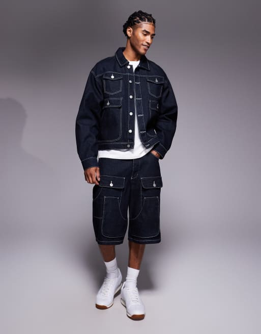 Liquor N Poker – Zestaw jeansowy w kolorze surowego denimu: kurtka oversize w stylu carpenter i szorty