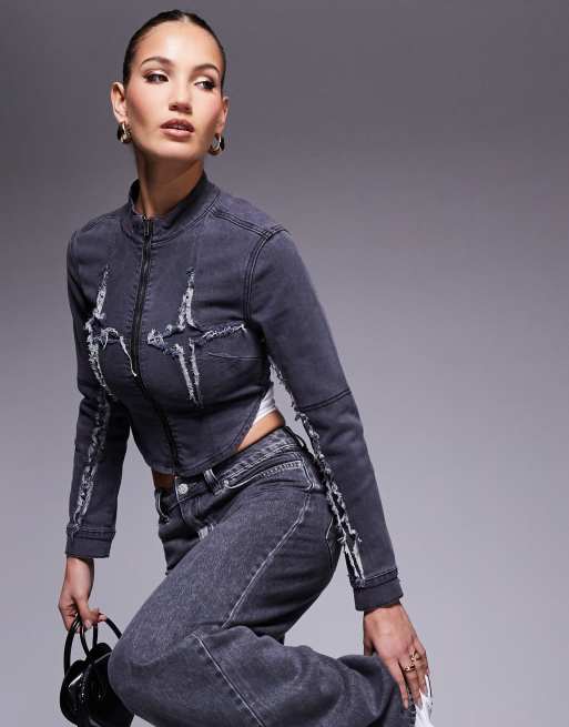 Liquor N Poker zip detail rip & repair stitch jacket in gray wash