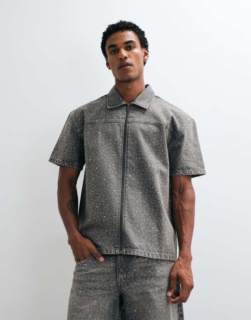 Liquor N Poker embellished zip through shirt and baggy jeans in grey, 3 of 3