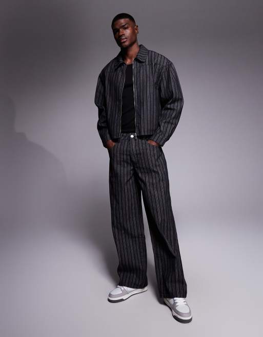 Liquor N Poker zip through harrington jacket co-ord in black pinstripe, 2 of 5