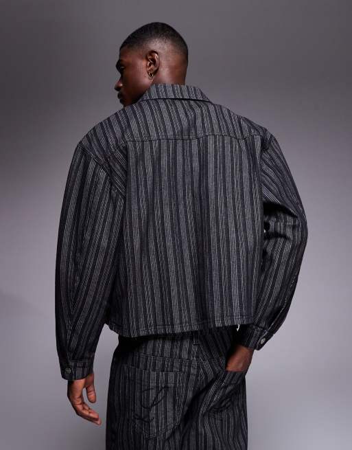 Liquor N Poker zip through harrington jacket co-ord in black pinstripe, 3 of 5