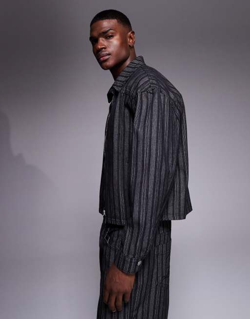 Liquor N Poker zip through harrington jacket co-ord in black pinstripe, 4 of 5