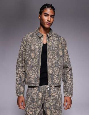 Liquor N Poker Liquor N Poker zip through harrington jacket co-ord in olive snake print-Multi