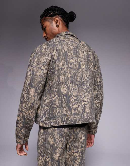 Liquor N Poker zip through harrington jacket co-ord in olive snake print, 3 of 5