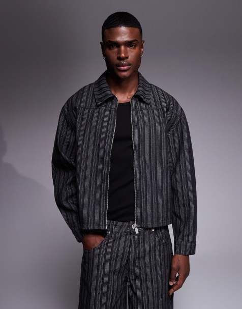 Liquor N Poker zip through harrington jacket in black pinstripe (part of a set) - view 1
