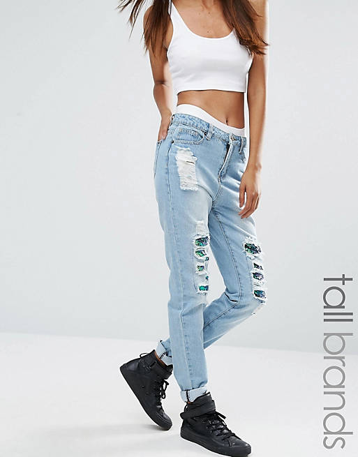 Liquor & Poker Tall Ripped Boyfriend Jeans With Sequin Detail