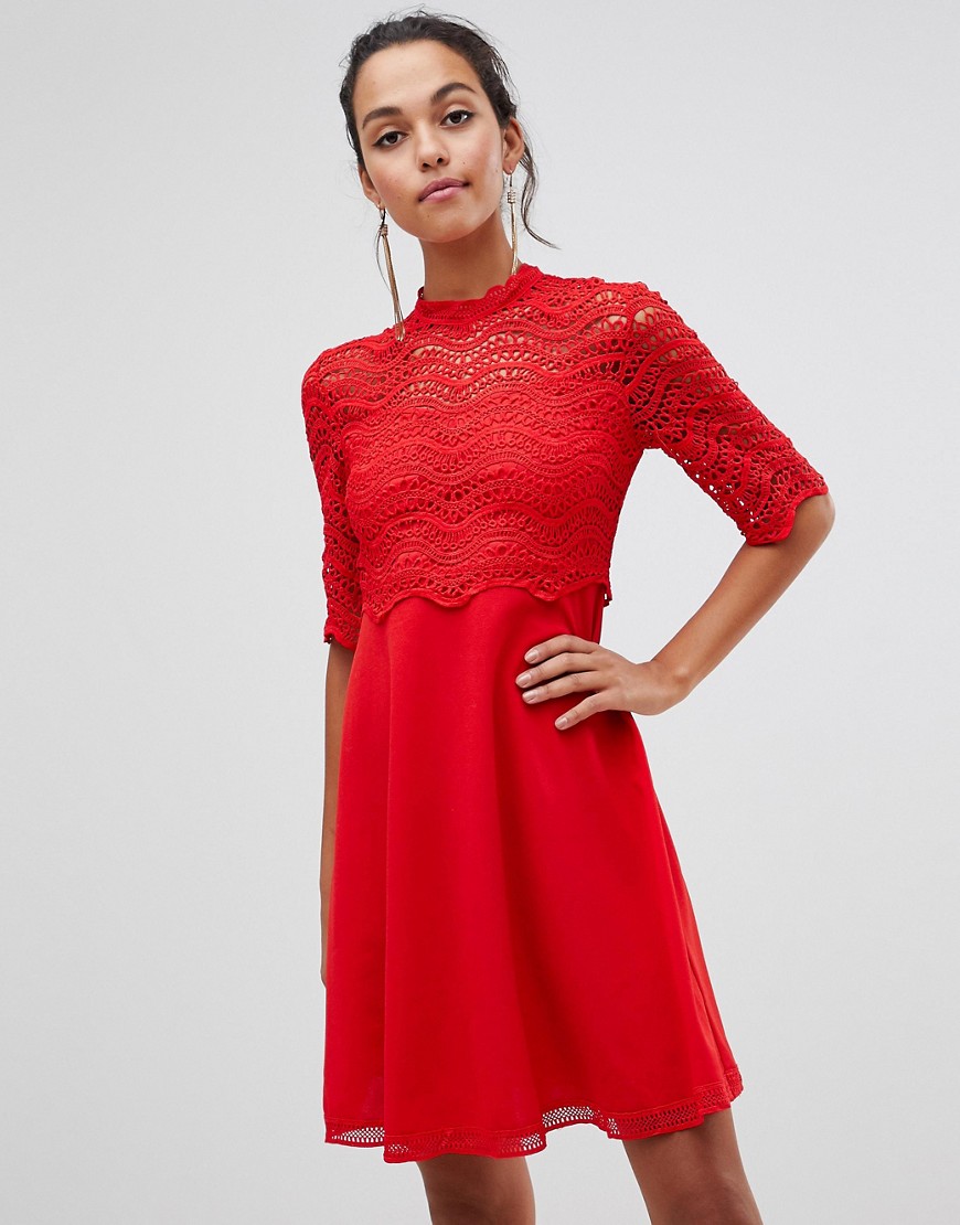 Liquorish a-line dress with lace overlay top-Red