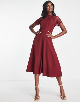 Liquorish A line lace detail midi dress in burgundy-Red