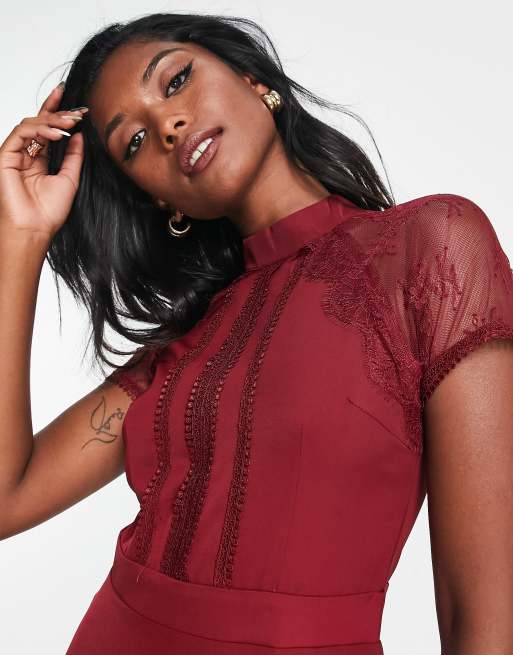 Liquorish a-line lace detail midi dress in burgundy