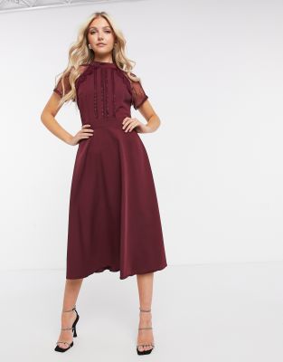 Liquorish A-line Lace Detail Midi Dress In Burgundy-red | ModeSens