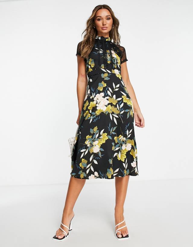 Liquorish a line lace detail midi dress in floral print