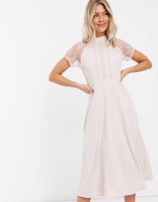 LIQUORISH A-LINE LACE DETAIL MIDI DRESS IN MINK-PINK,W1582-MK