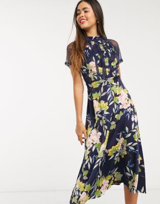 navy print midi dress