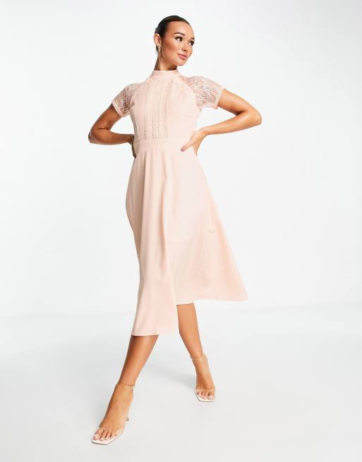 Liquorish a line lace detail midi dress in pale pink