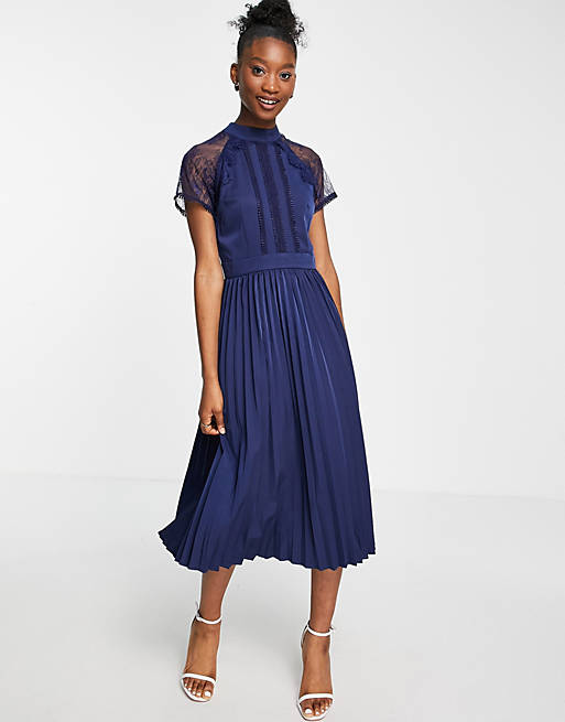 Liquorish a line lace detail midi dress with pleated skirt in navy