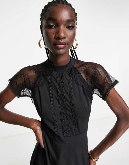 Liquorish Petite a line lace detail midi dress in black print