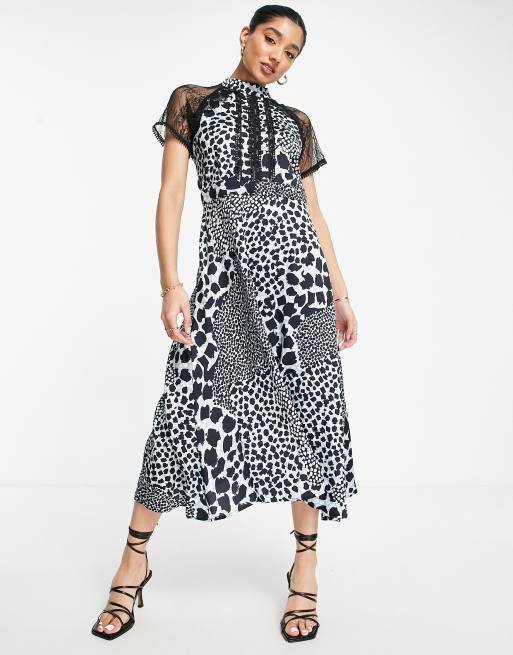 Liquorish a line lace detail midi dress in black leopard print