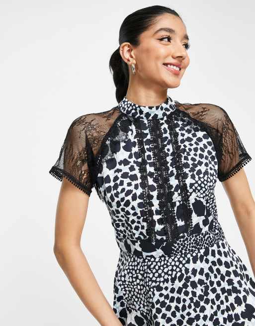 Liquorish a line lace detail midi dress in black leopard print